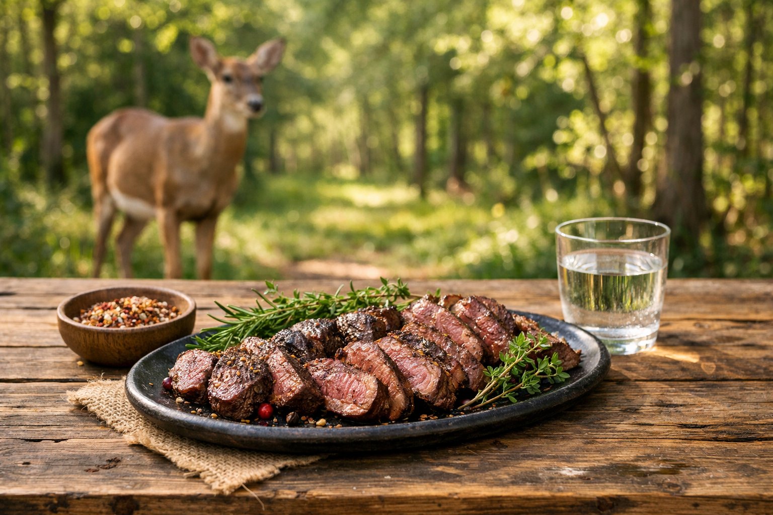 A platter of cooked deer meat on a wooden table outdoors with a deer standing in the forest background.
