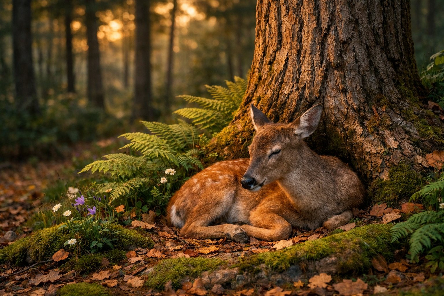 A deer resting on the forest floor among moss and ferns near a large tree at dusk.