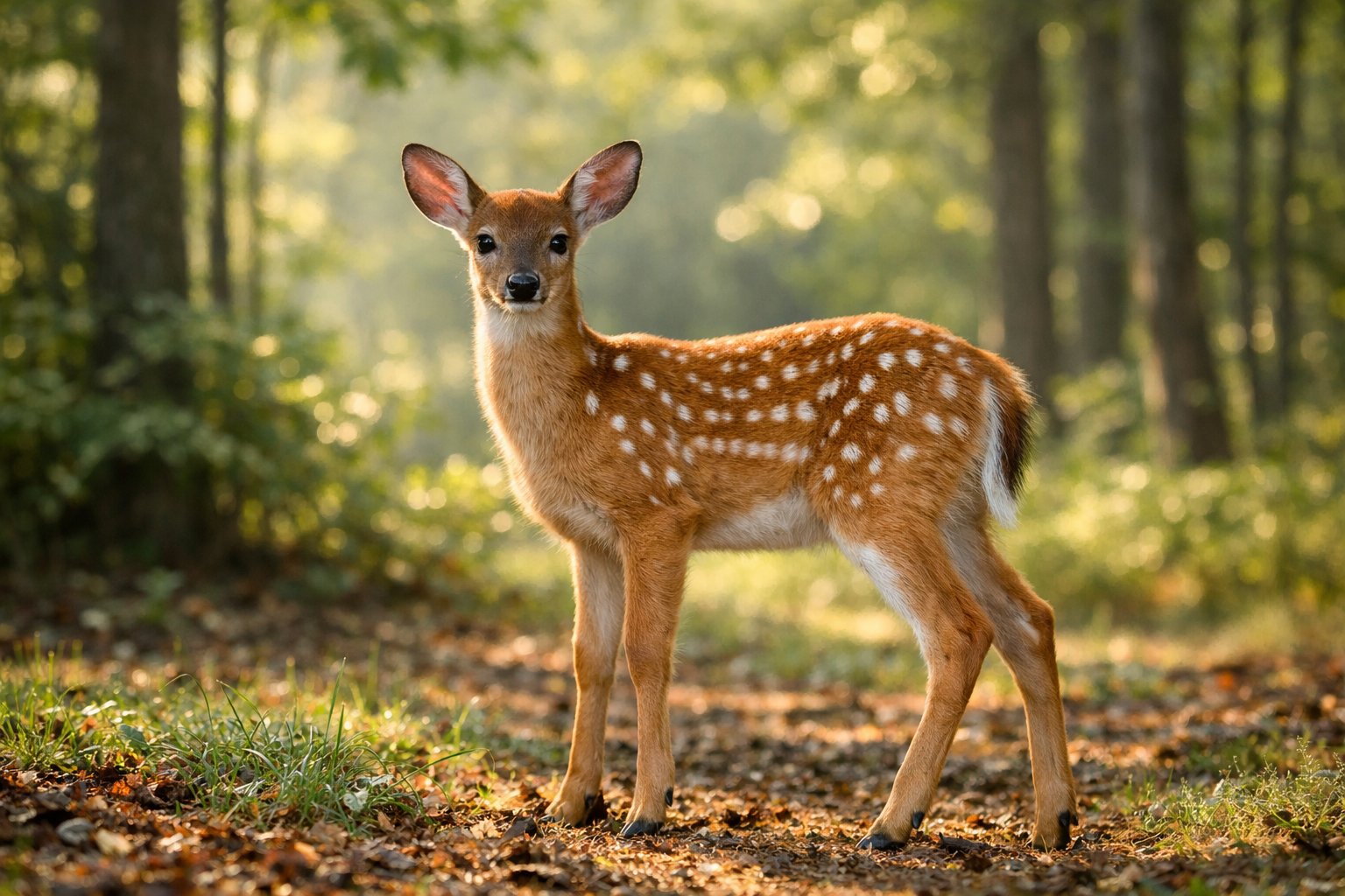 A young white-tailed deer with white spots standing in a sunlit forest clearing surrounded by green trees and plants.