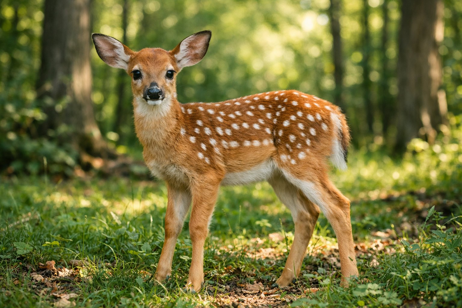 A young white-tailed deer fawn standing in a sunlit forest clearing surrounded by trees and greenery.