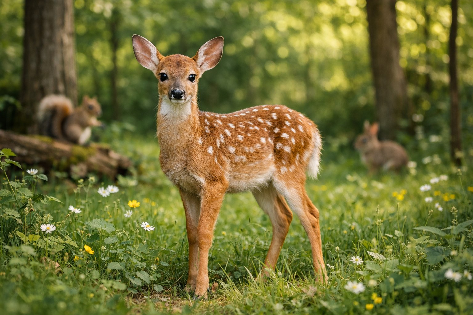 A young white-tailed deer standing in a sunlit forest clearing with trees and wildflowers around.