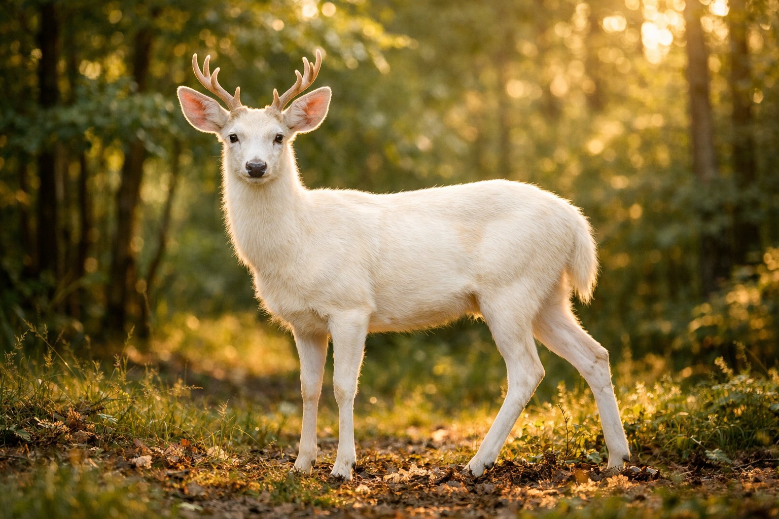 A rare light-colored deer standing in a sunlit forest clearing surrounded by green trees and grass.