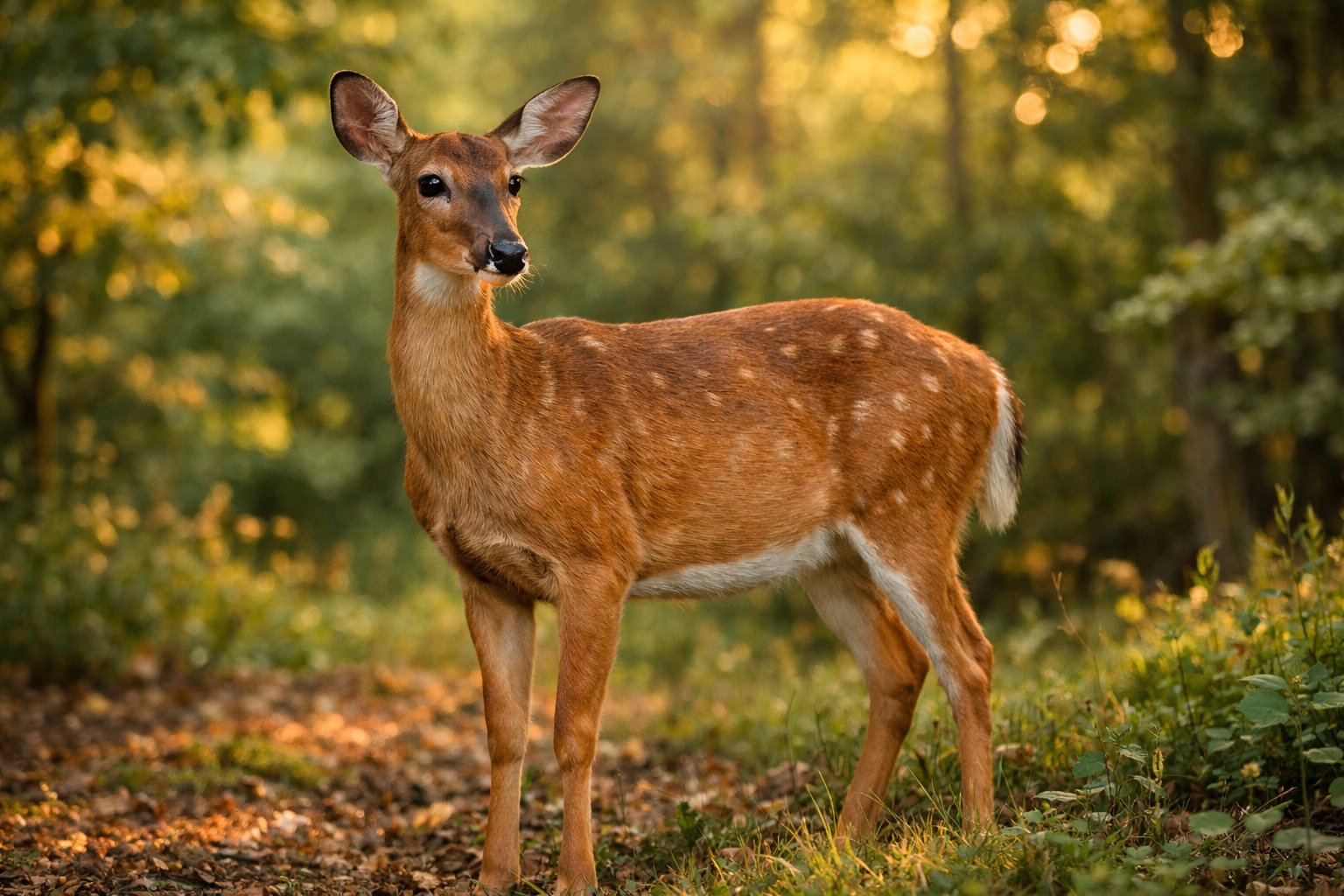 A female deer standing calmly in a forest with sunlight filtering through the trees.