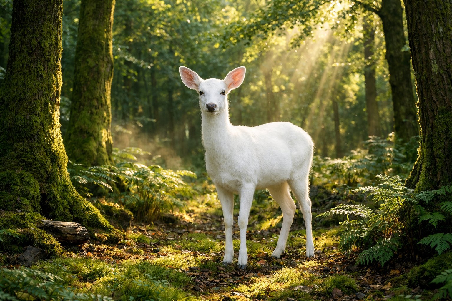 A rare white deer standing in a green forest with sunlight filtering through the trees.