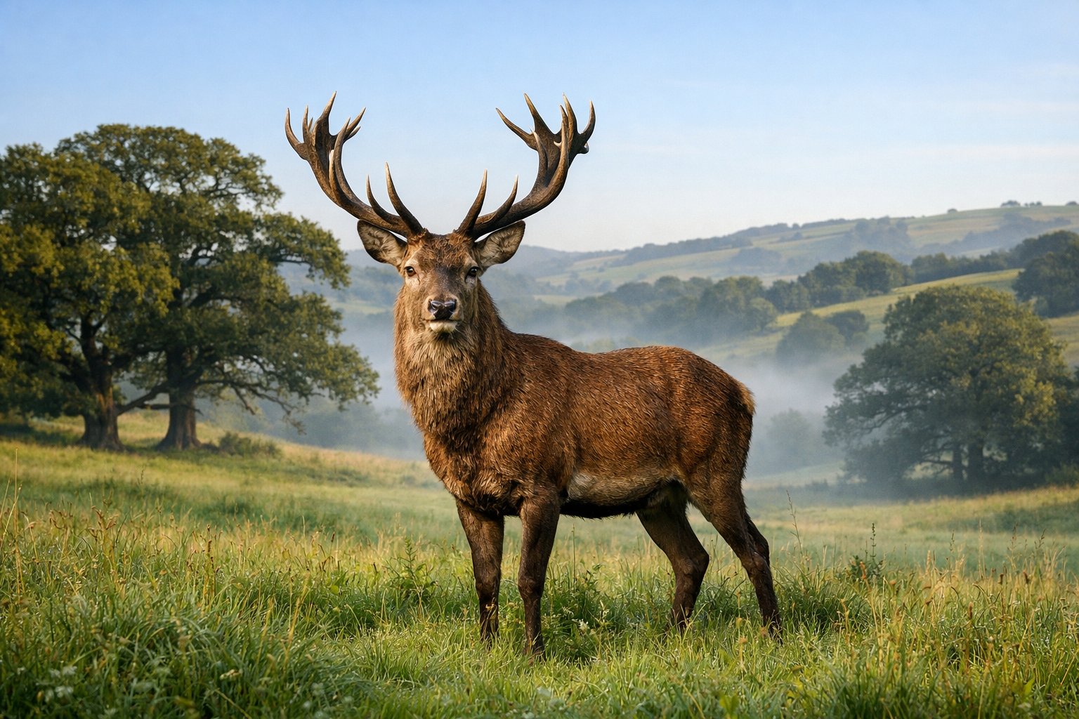 A red deer stag standing in a green meadow with rolling hills and trees in the background.