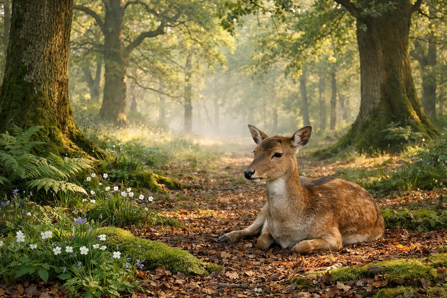 A deer resting quietly on the forest floor among trees and ferns in a peaceful woodland.