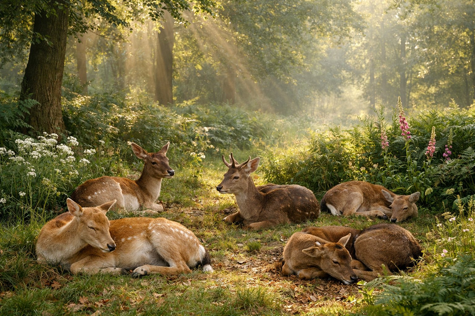 A small group of deer resting quietly in a green woodland clearing surrounded by trees and plants.