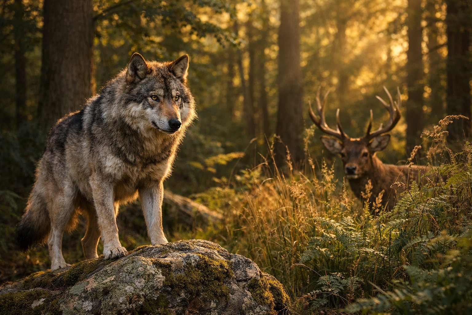 A gray wolf stands alert on a rock in a forest, facing a cautious deer partially hidden in tall grass.
