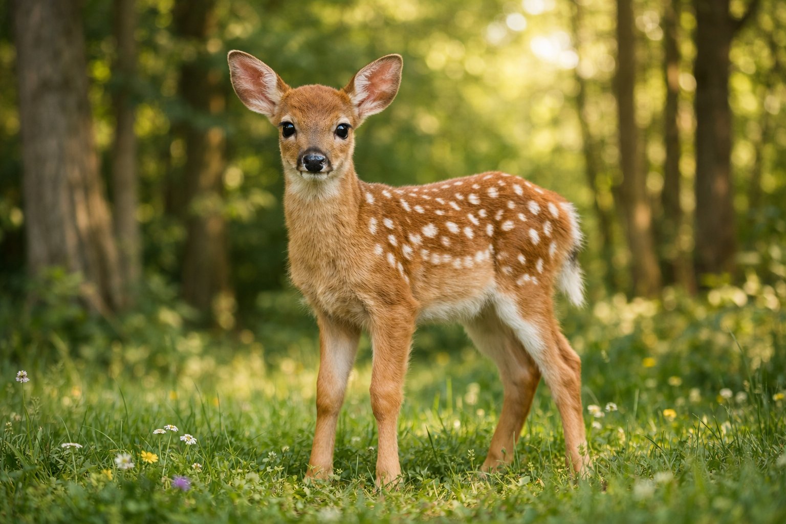 A young deer with white spots standing in a sunlit forest clearing surrounded by green grass and trees.