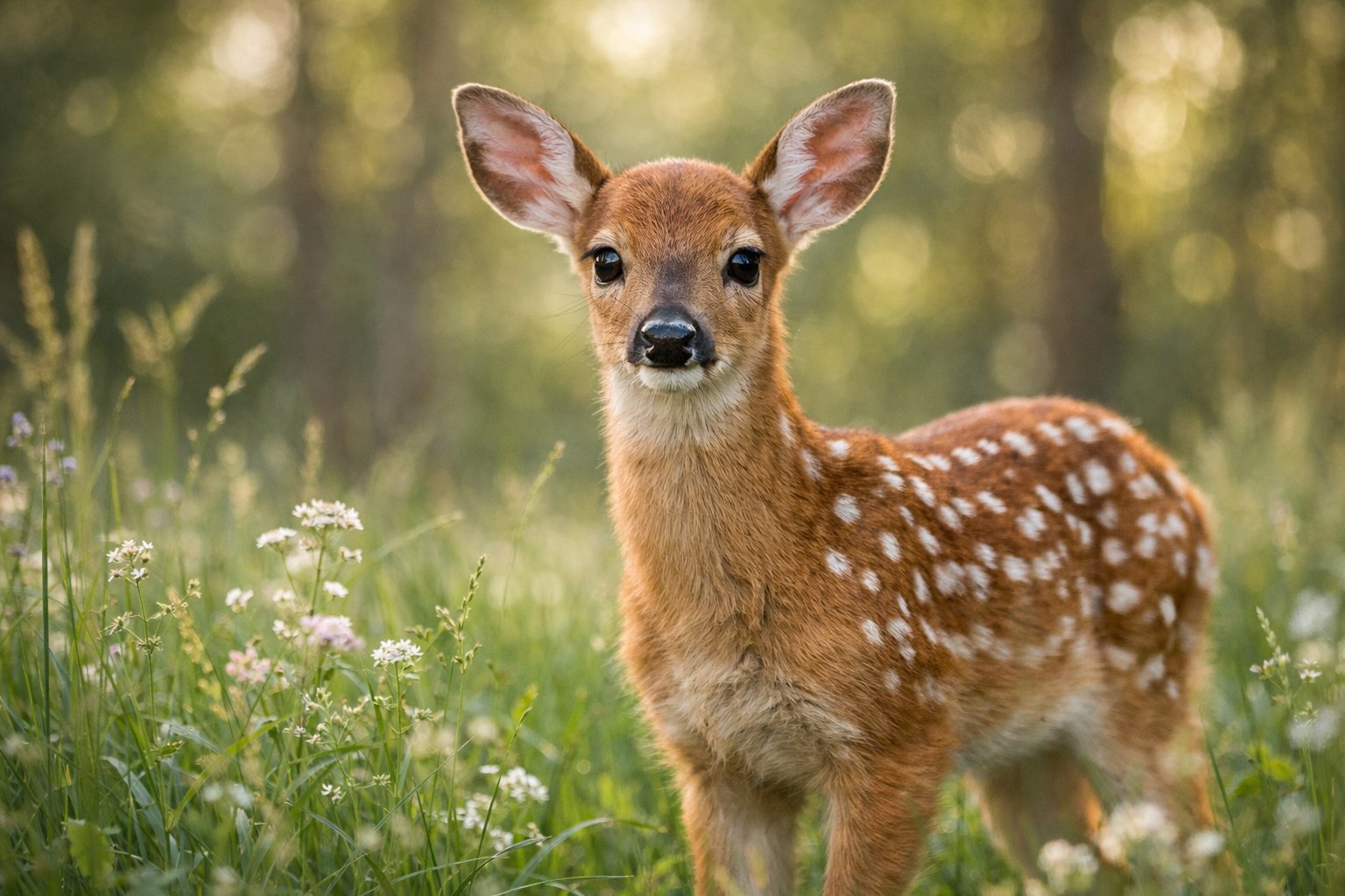 A baby deer with white spots standing in a green forest clearing with sunlight filtering through trees.