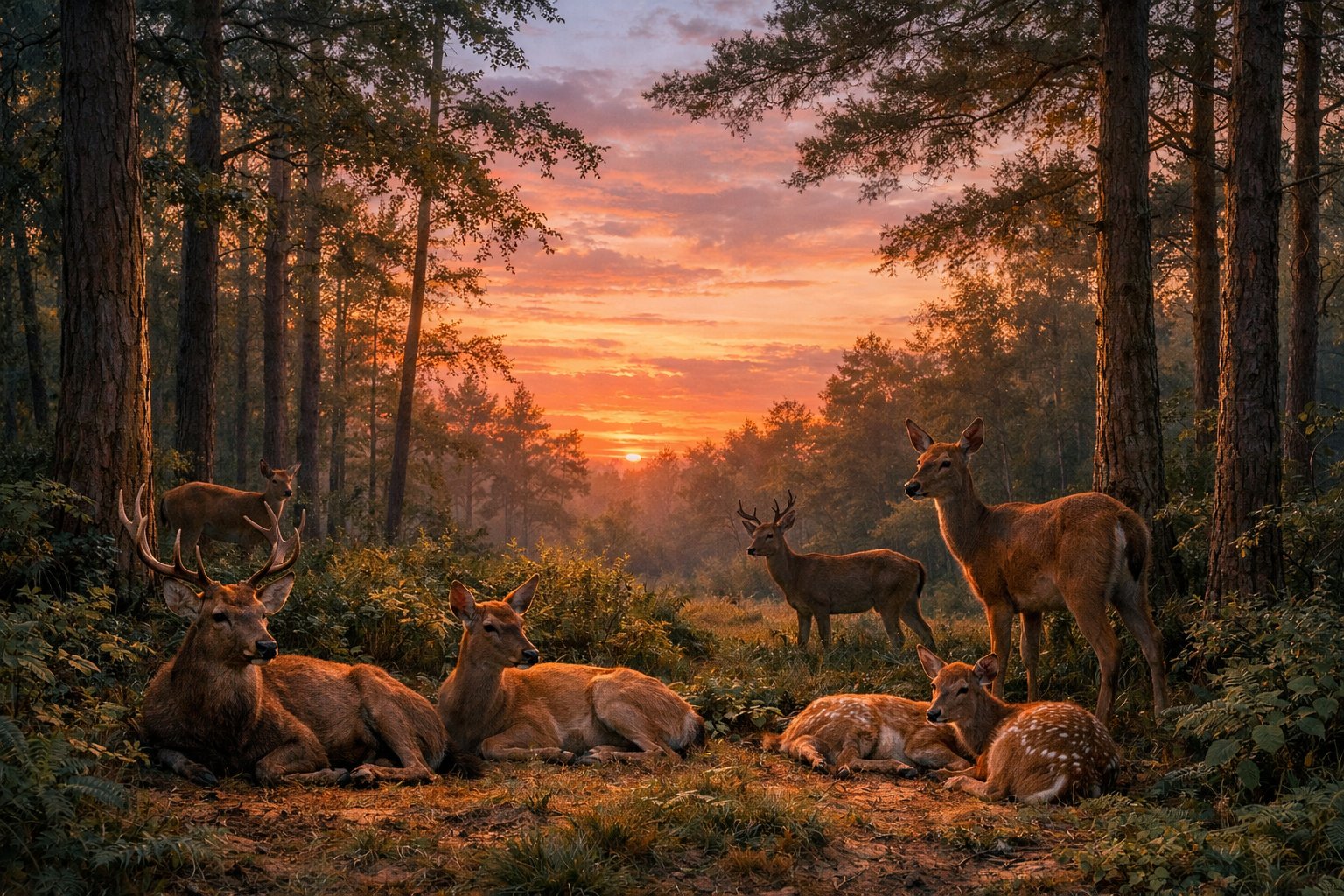 A group of deer resting peacefully in a forest at sunset.