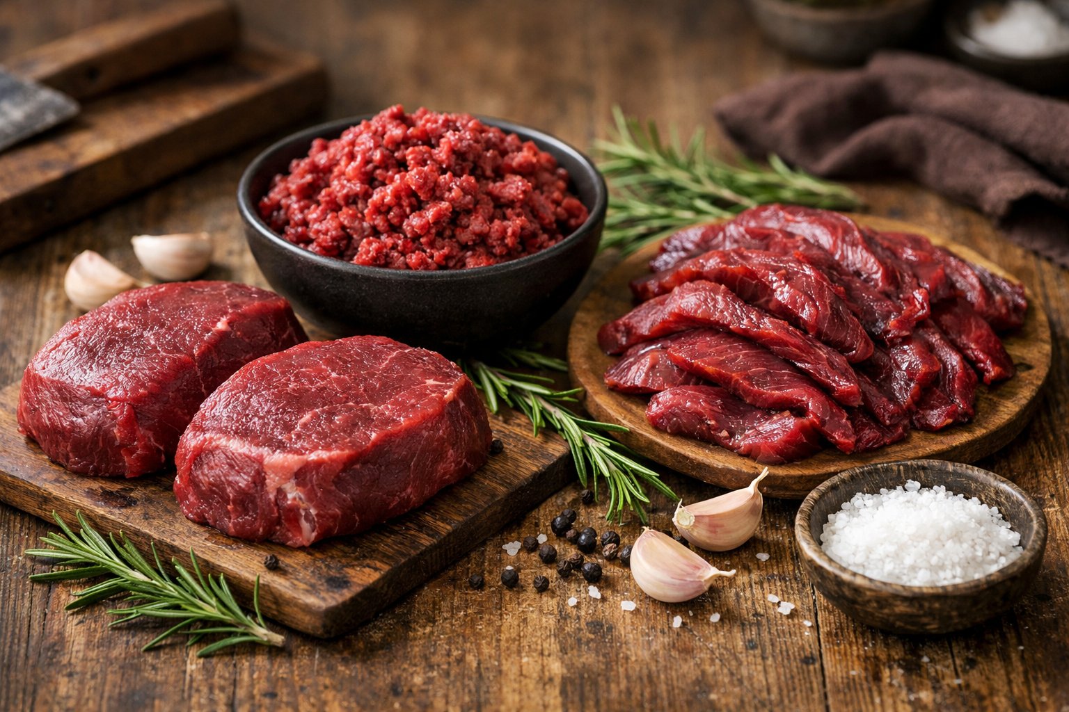 A wooden table displaying various cuts of fresh venison meat with herbs and seasonings around it.