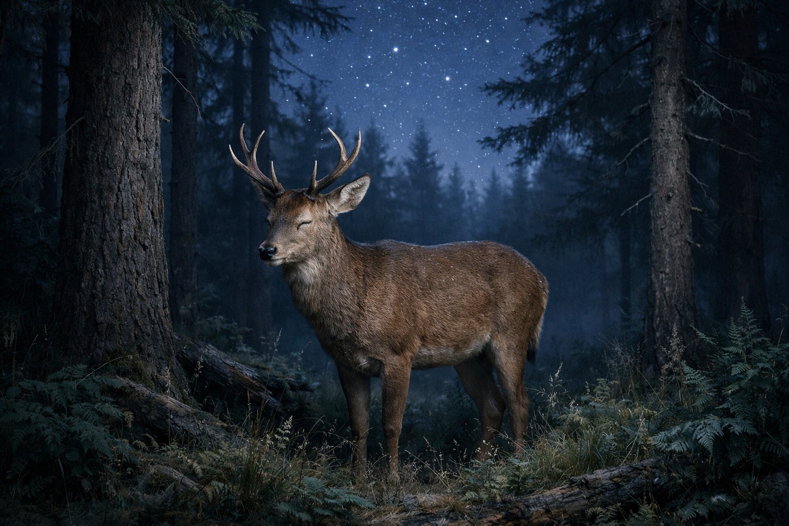 A deer standing peacefully with eyes closed in a quiet forest at night under moonlight.