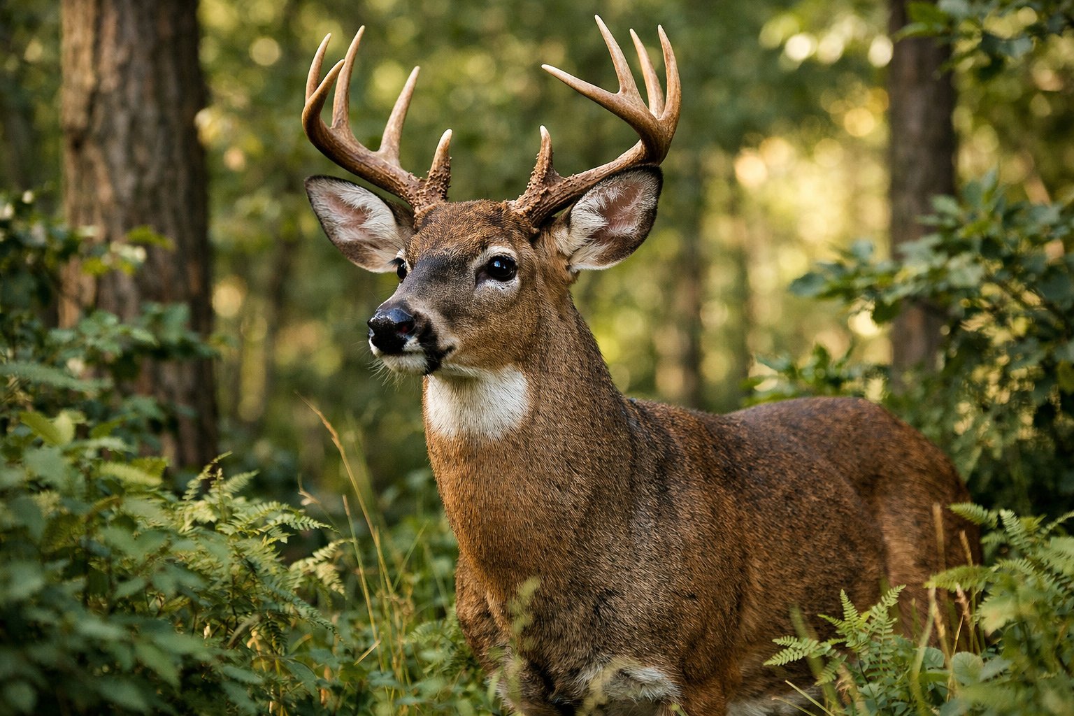 An adult deer standing alert in a forest, surrounded by green foliage, looking attentively toward a potential threat.