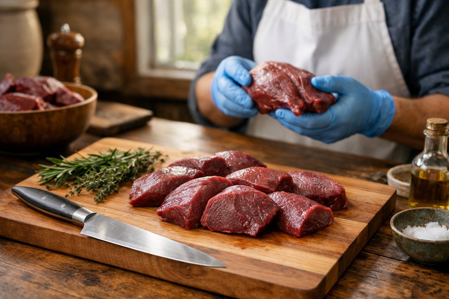 A person wearing gloves preparing fresh deer meat on a wooden cutting board in a clean kitchen with herbs and natural light.