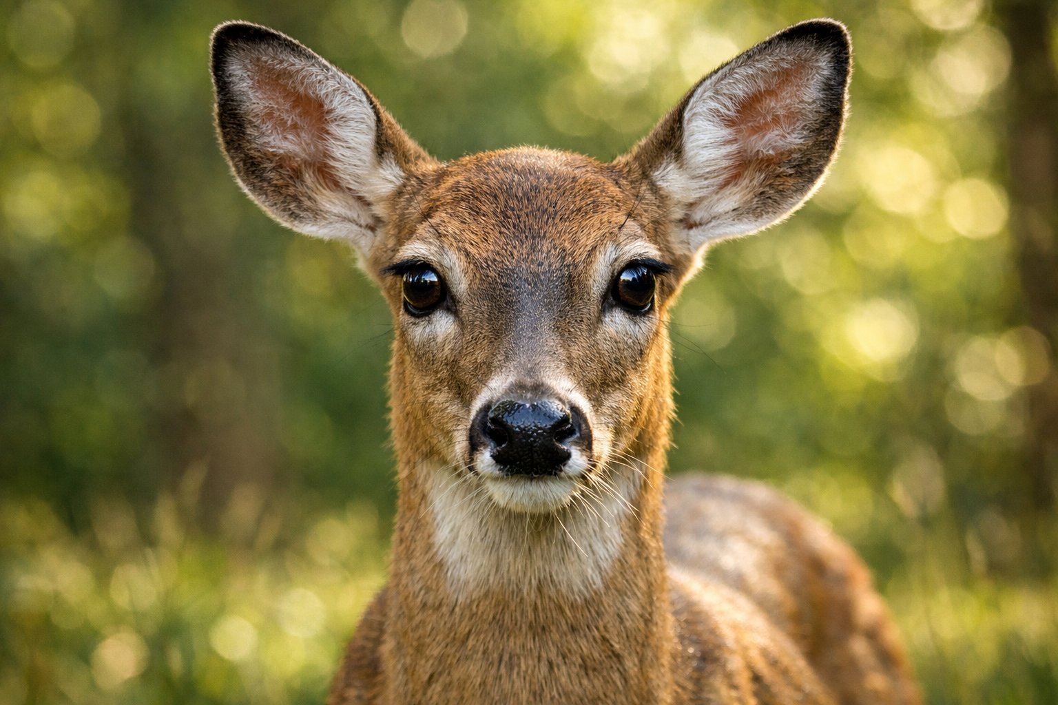 A deer standing in a forest clearing, looking directly at the camera with wide, alert eyes.