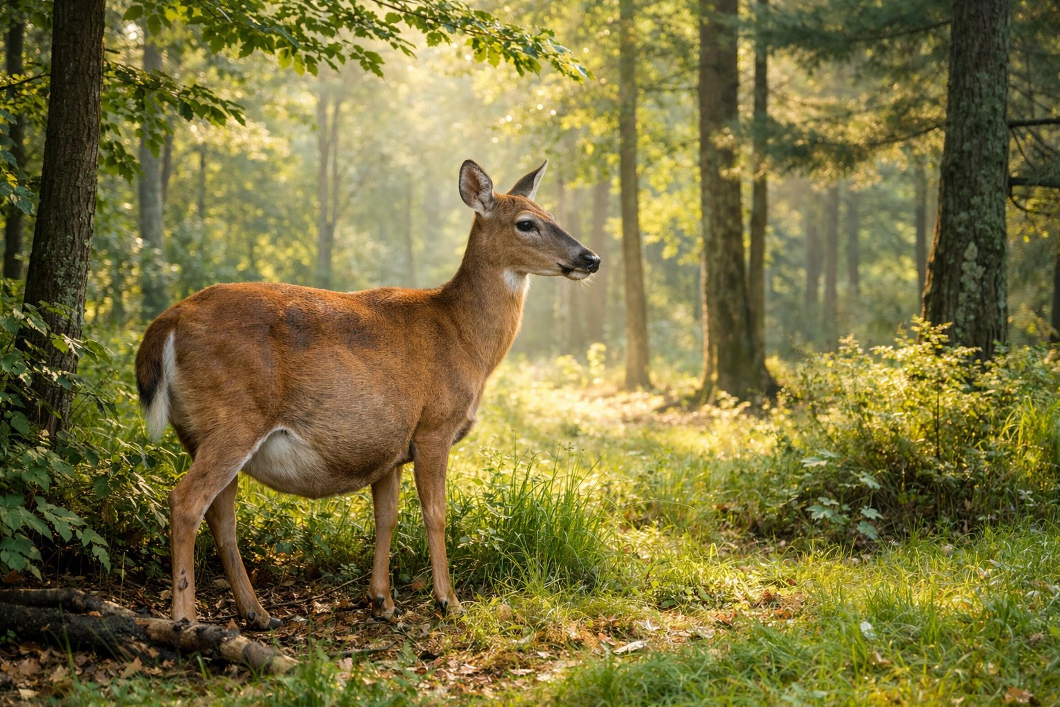 A pregnant female deer standing calmly in a green forest with sunlight filtering through the trees.