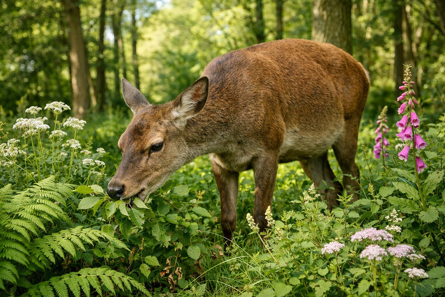 A deer grazing on green plants in a sunlit UK woodland surrounded by trees and vegetation.