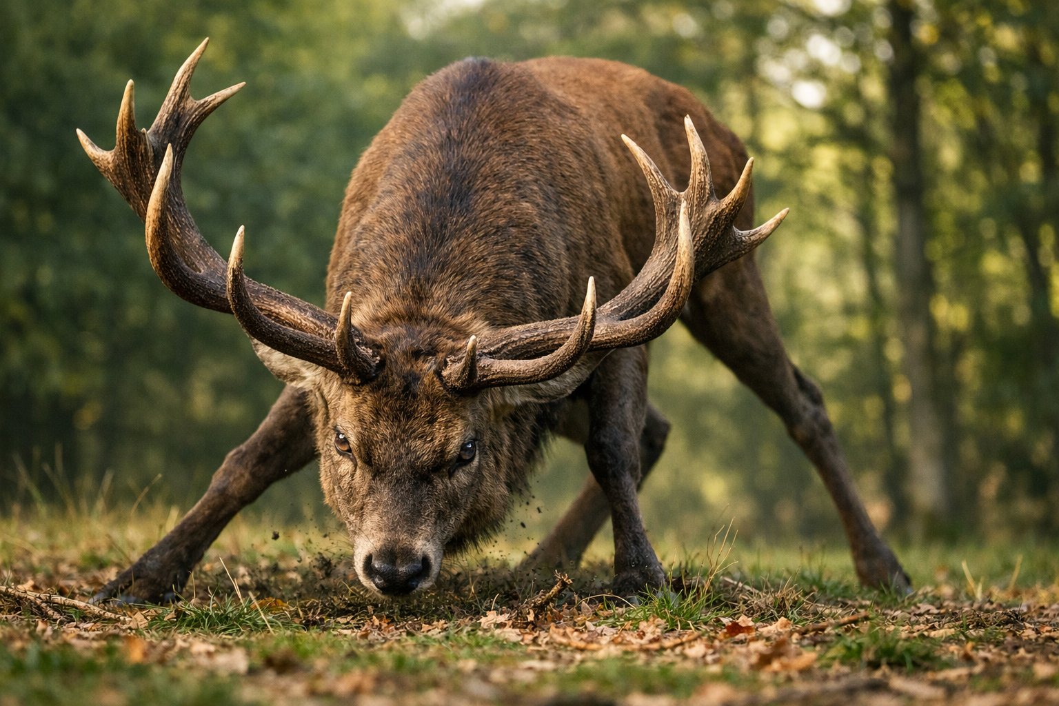 A male deer with lowered head and antlers in a forest, showing an aggressive posture.