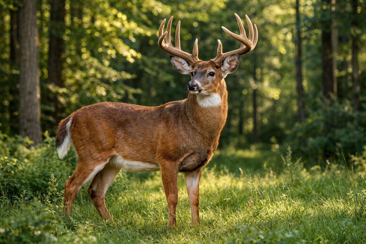 An adult deer standing in a sunlit forest clearing surrounded by green trees and plants.