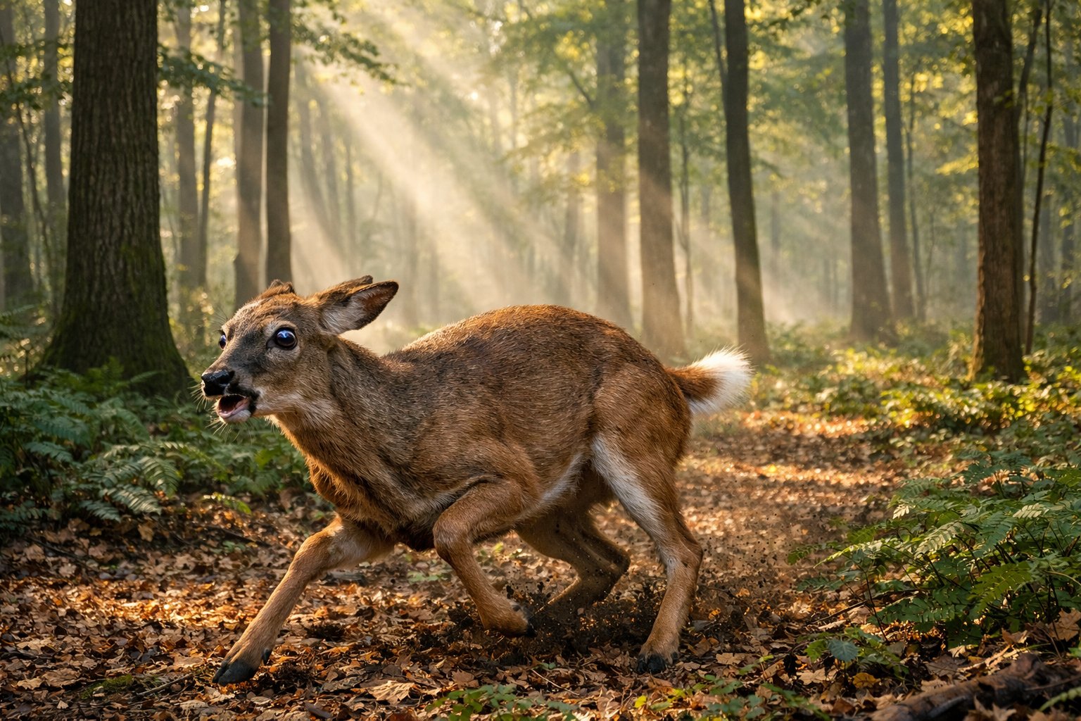 A startled deer in a forest reacting with wide eyes and pinned-back ears to an unseen disturbance.
