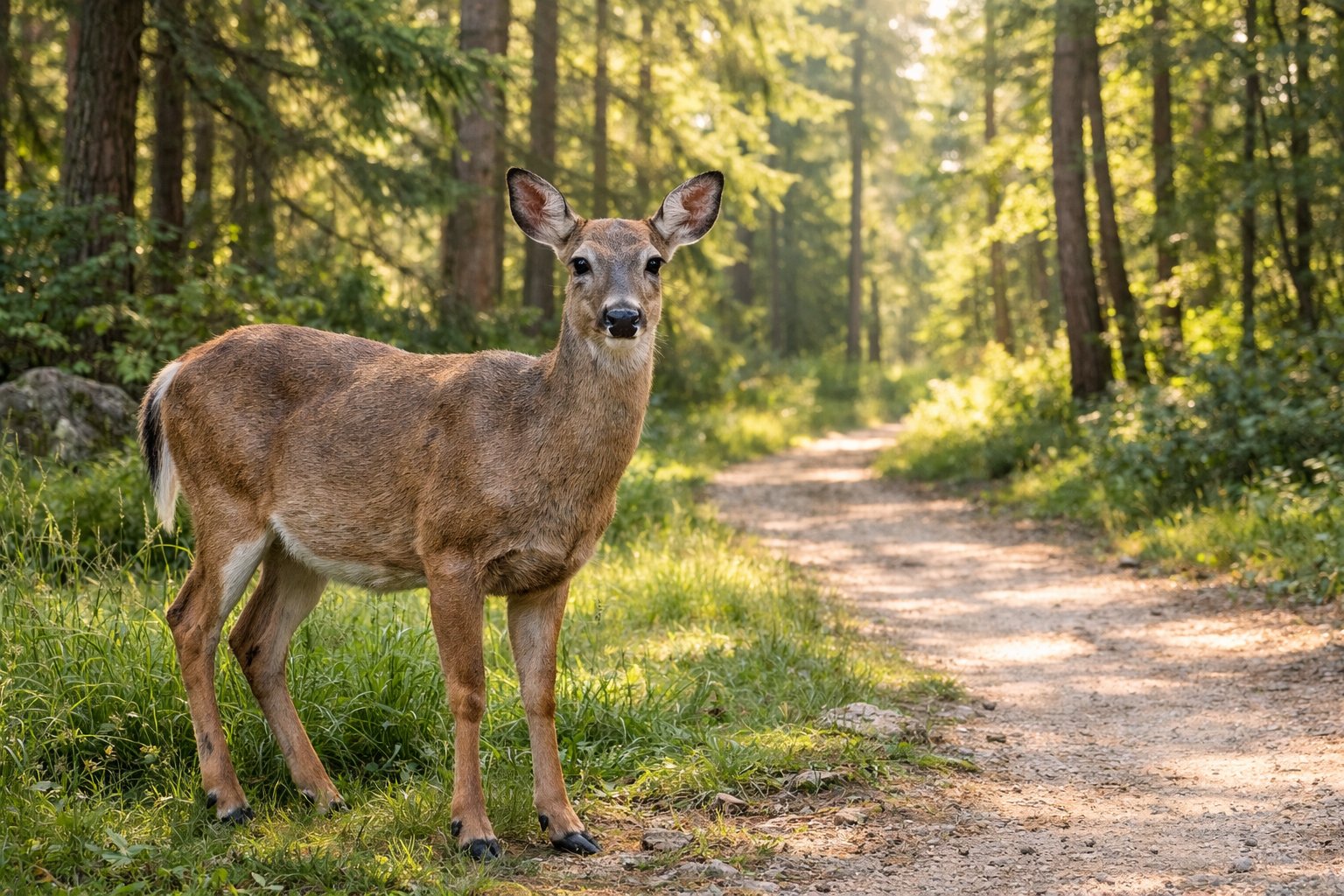 A calm deer standing on a grassy forest trail with trees and sunlight in the background.