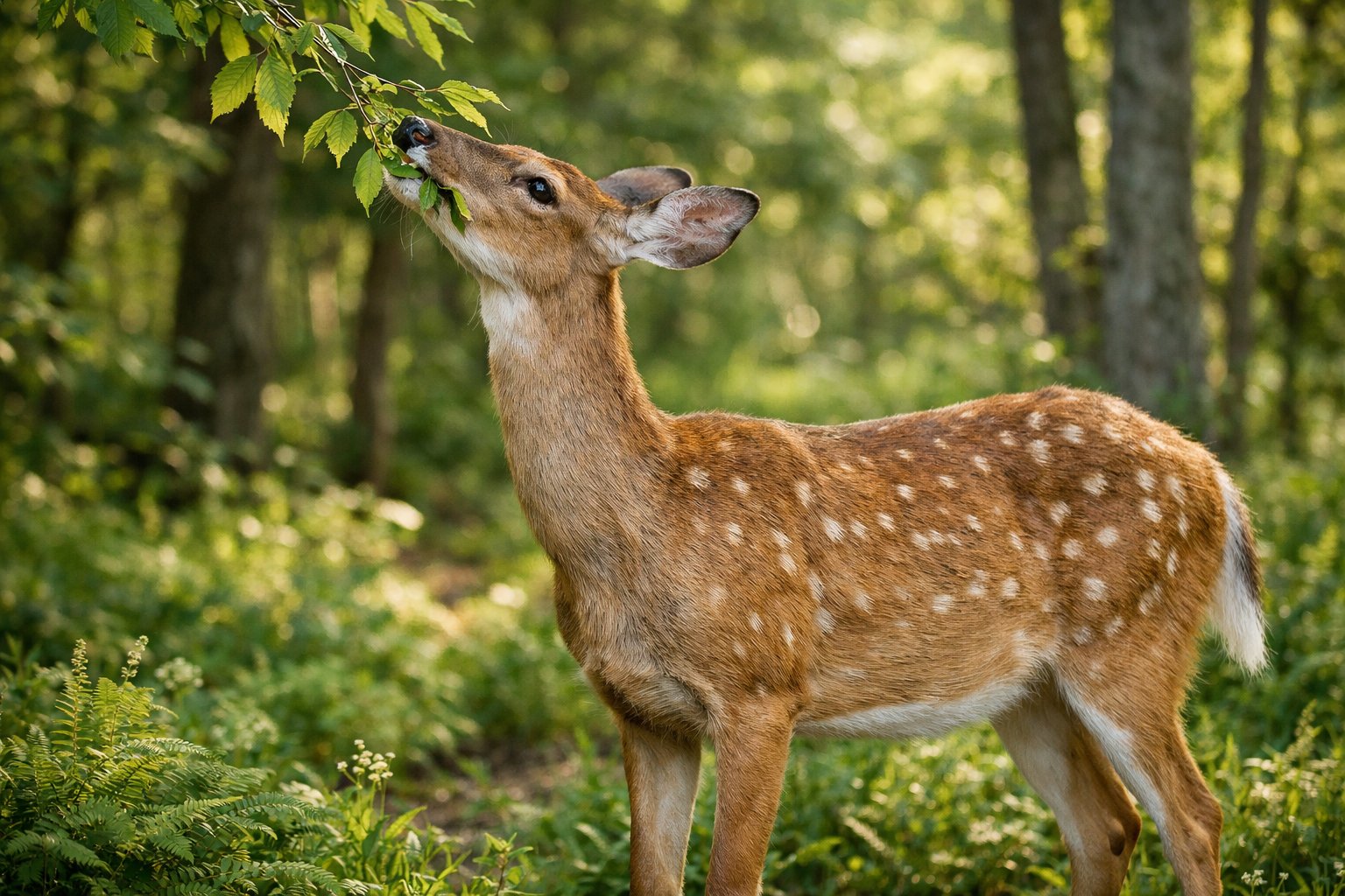 A deer eating green leaves from a tree branch in a forest.