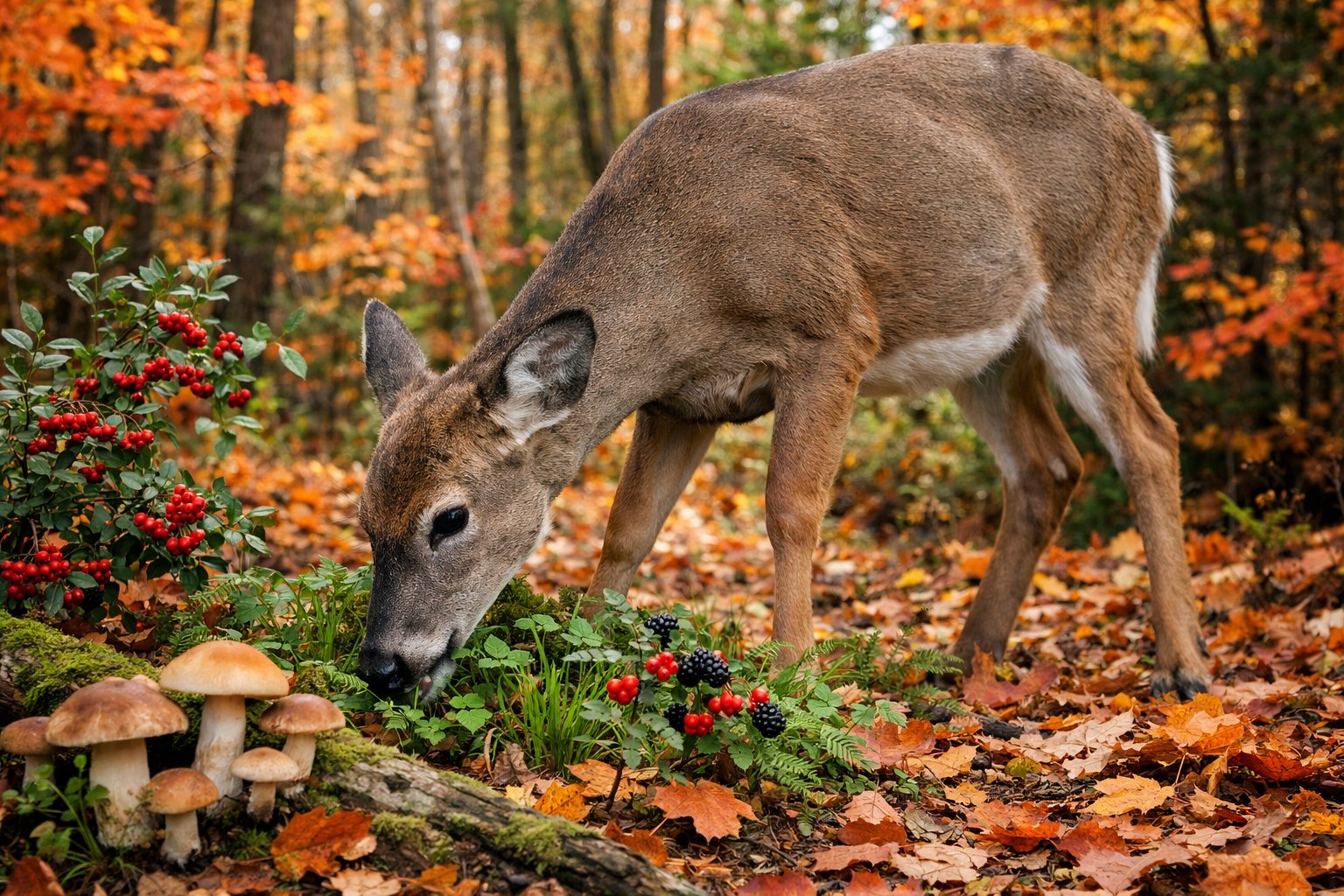 An adult deer grazing among colorful autumn leaves and plants in a forest.