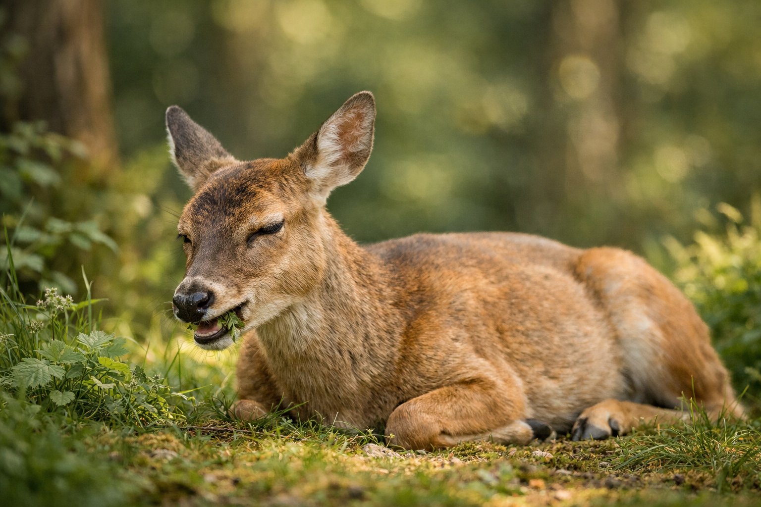 A deer lying on the grass in a forest, chewing calmly with trees and plants around it.