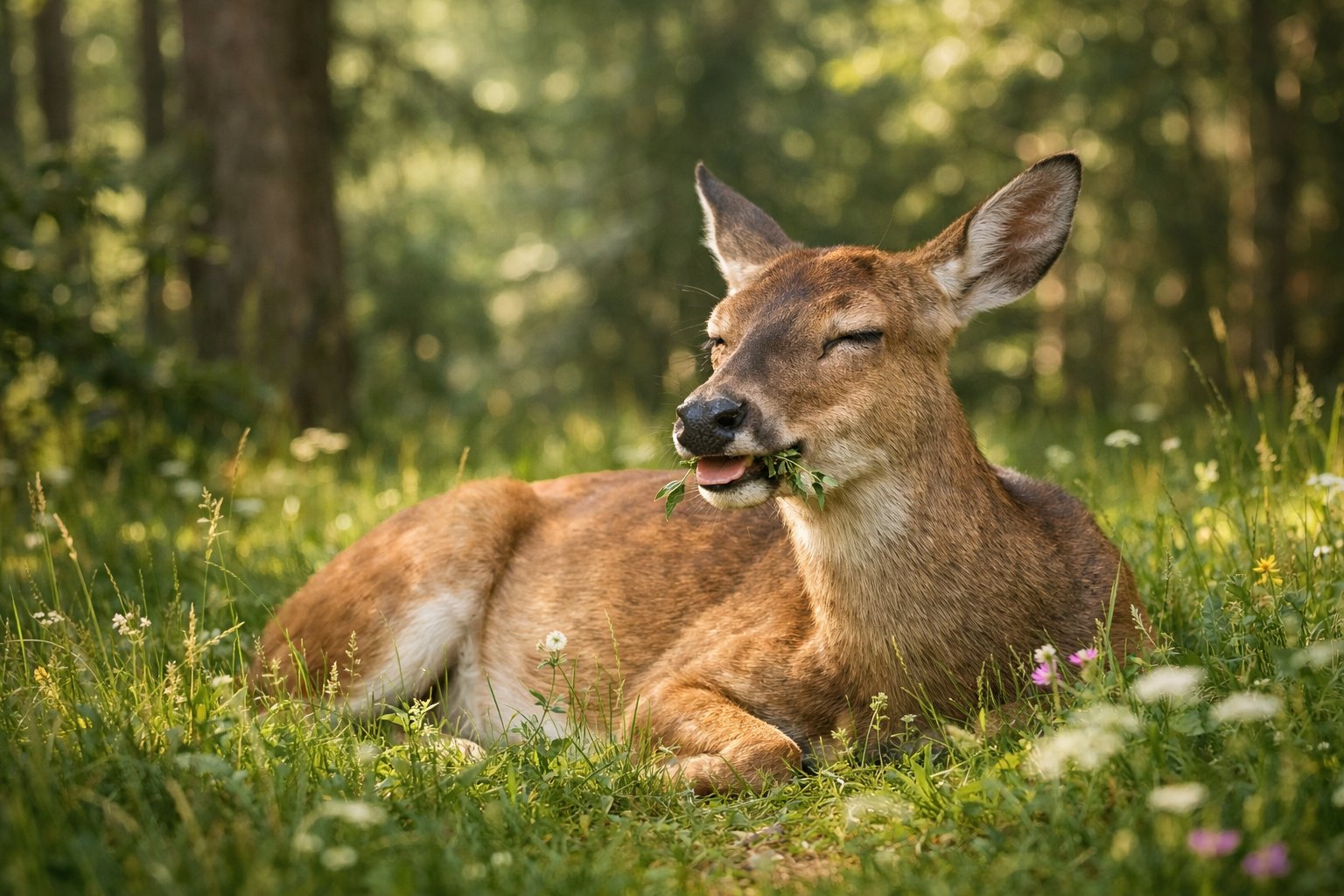 A deer lying down in a forest clearing, calmly chewing with green grass and trees around it.