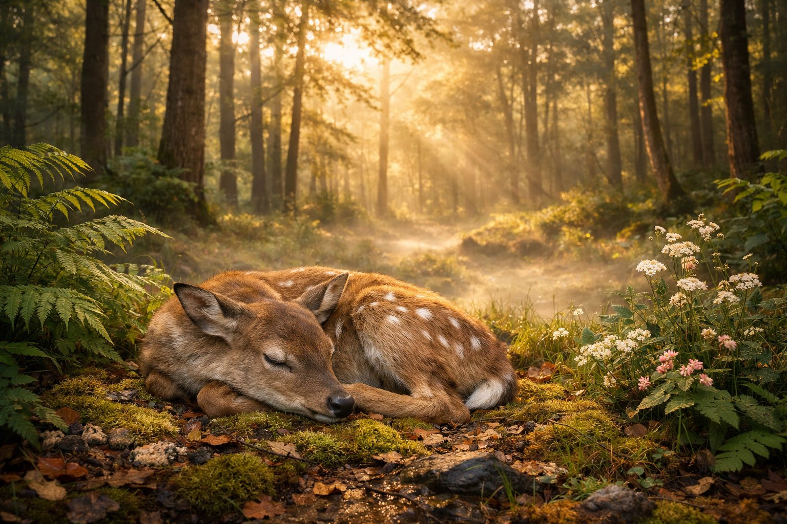 A deer resting peacefully on the forest floor surrounded by trees and plants at dawn.