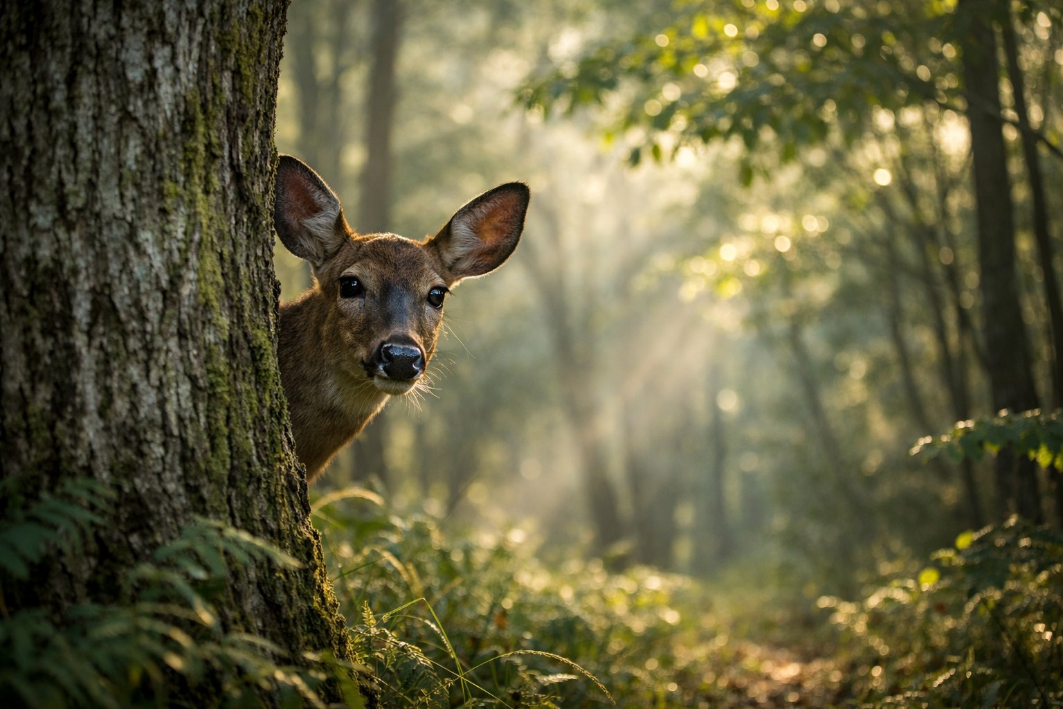 A deer cautiously peeking from behind a tree in a forest, appearing alert and wary.