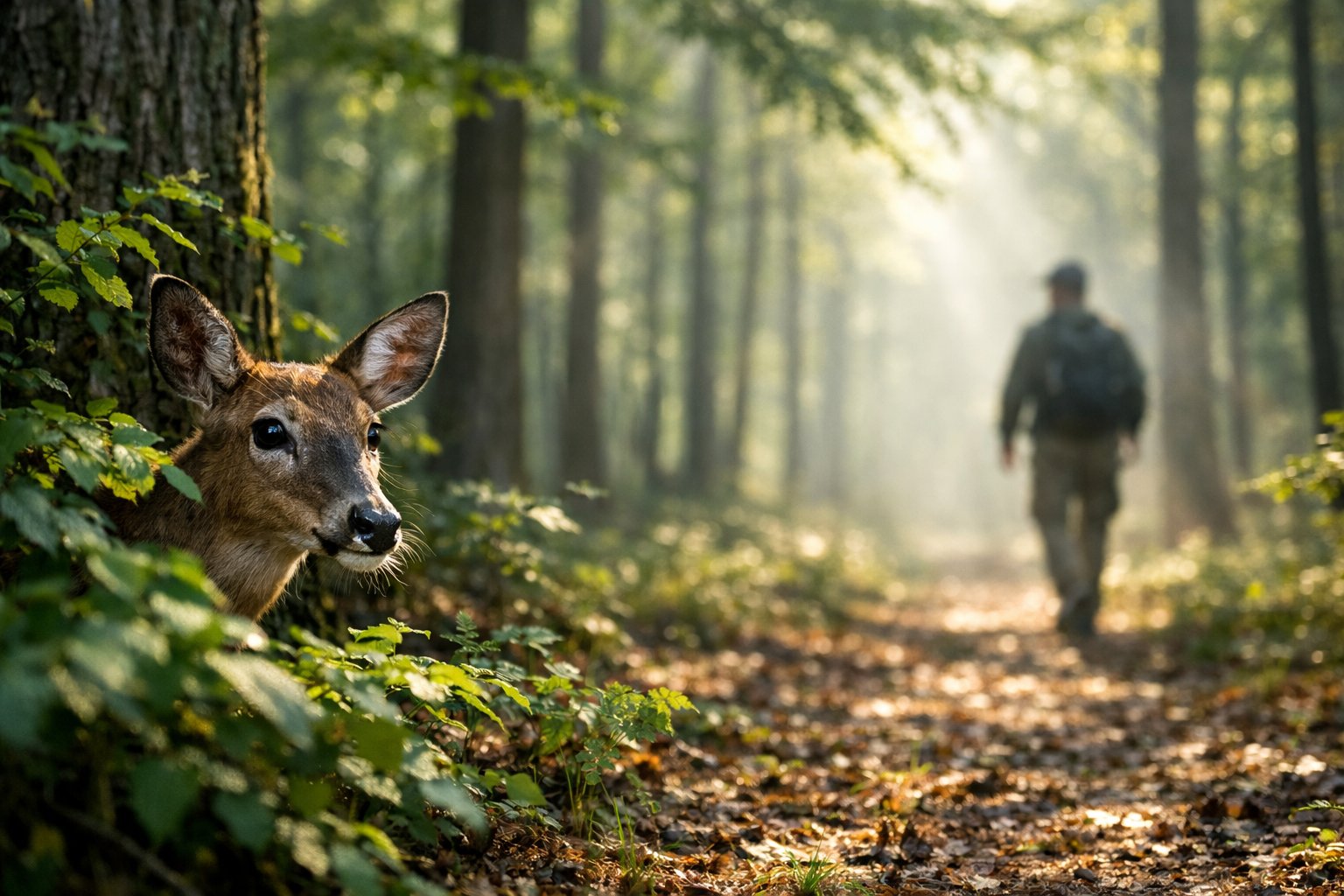 A deer hiding behind bushes in a forest, looking alert and cautious as a person walks quietly in the distance.