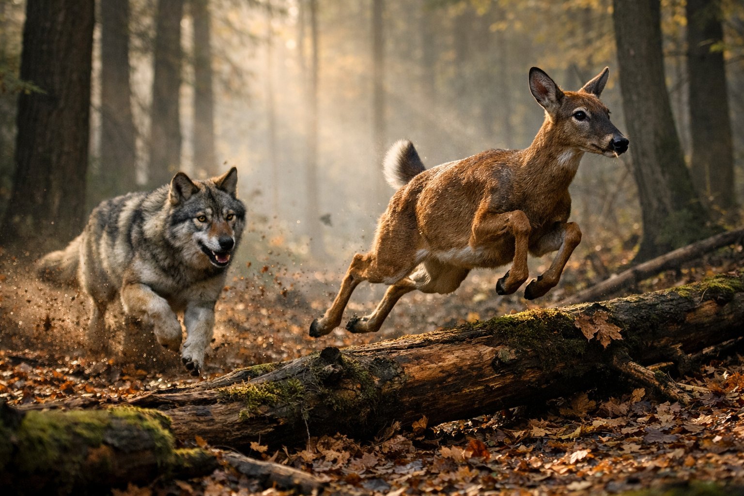A gray wolf chasing a deer through a forest with sunlight filtering through the trees.
