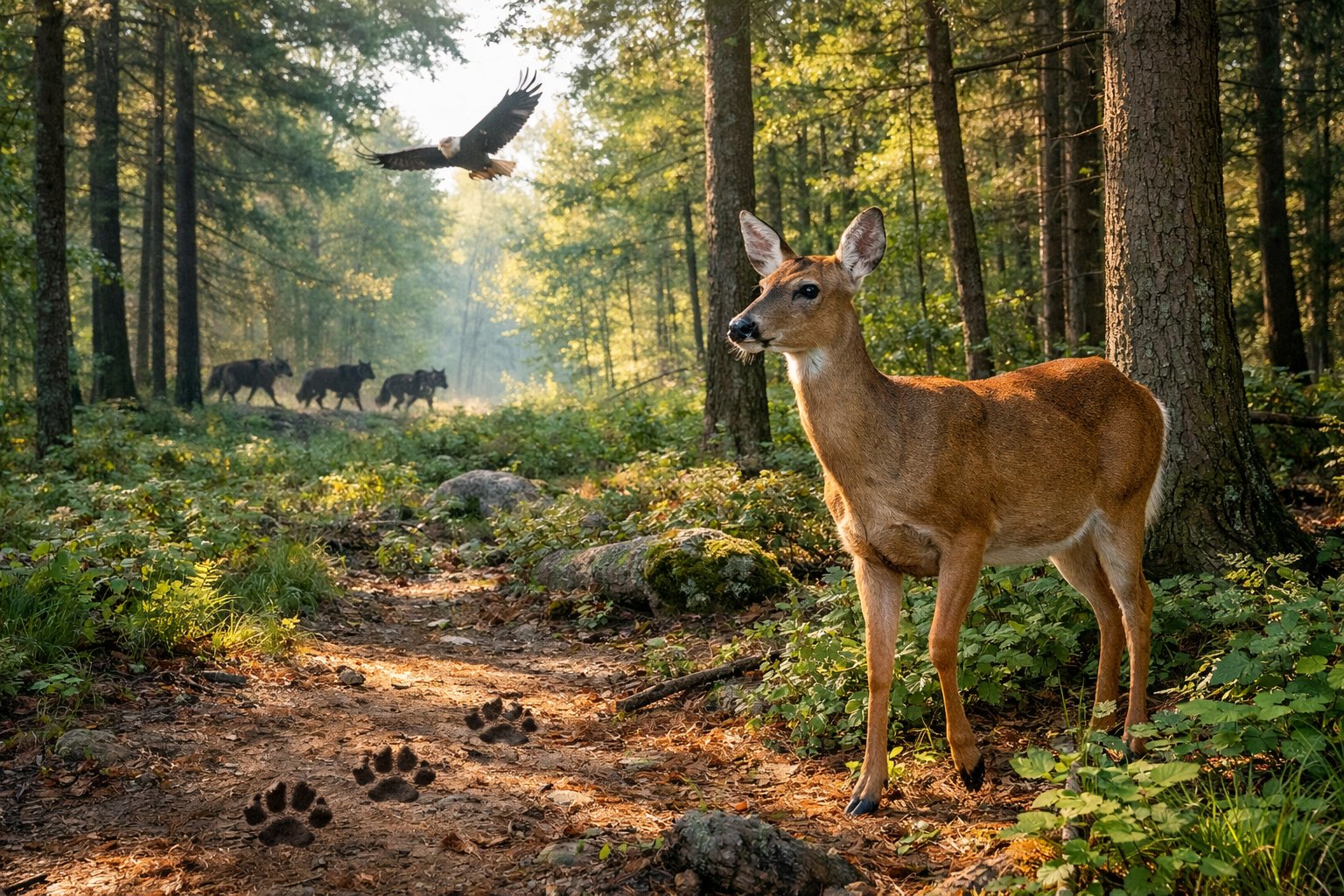 A deer standing alert in a forest with wolves in the background and a bird of prey flying overhead.