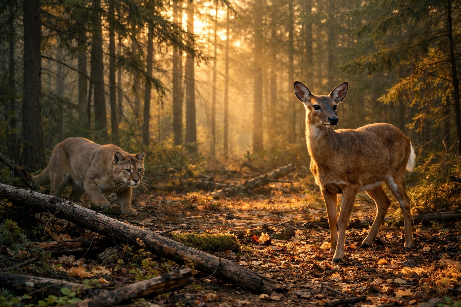 A large predator stalking a deer in a dense forest at dawn.