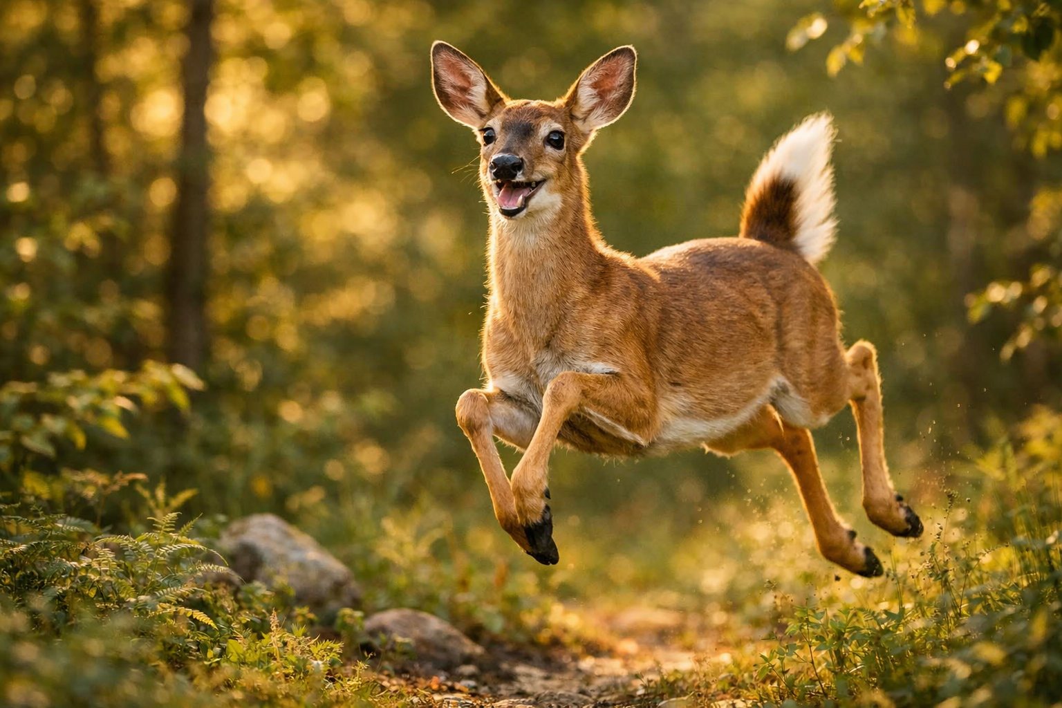 A deer joyfully leaping in a sunlit forest with green trees in the background.