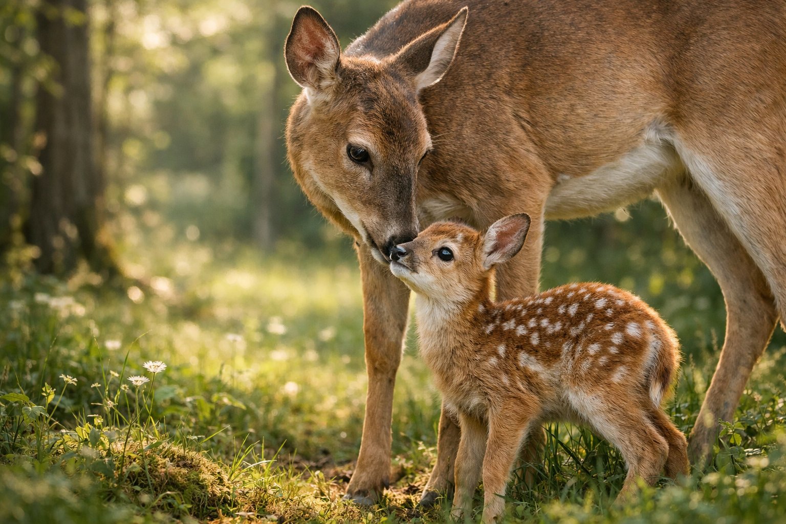 A baby deer standing close to its mother in a sunlit forest clearing surrounded by trees and greenery.