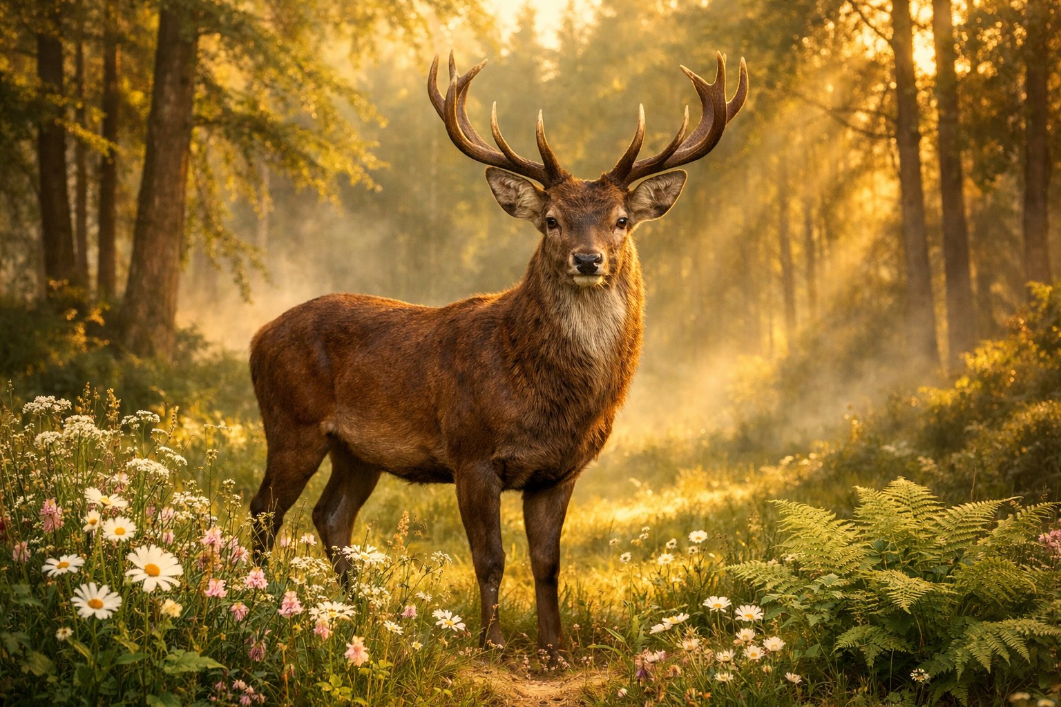 A deer standing calmly in a sunlit forest clearing surrounded by trees and wildflowers.