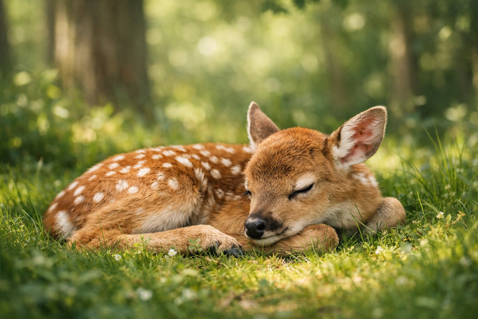 A baby deer lying down on grass in a forest clearing surrounded by trees and sunlight.