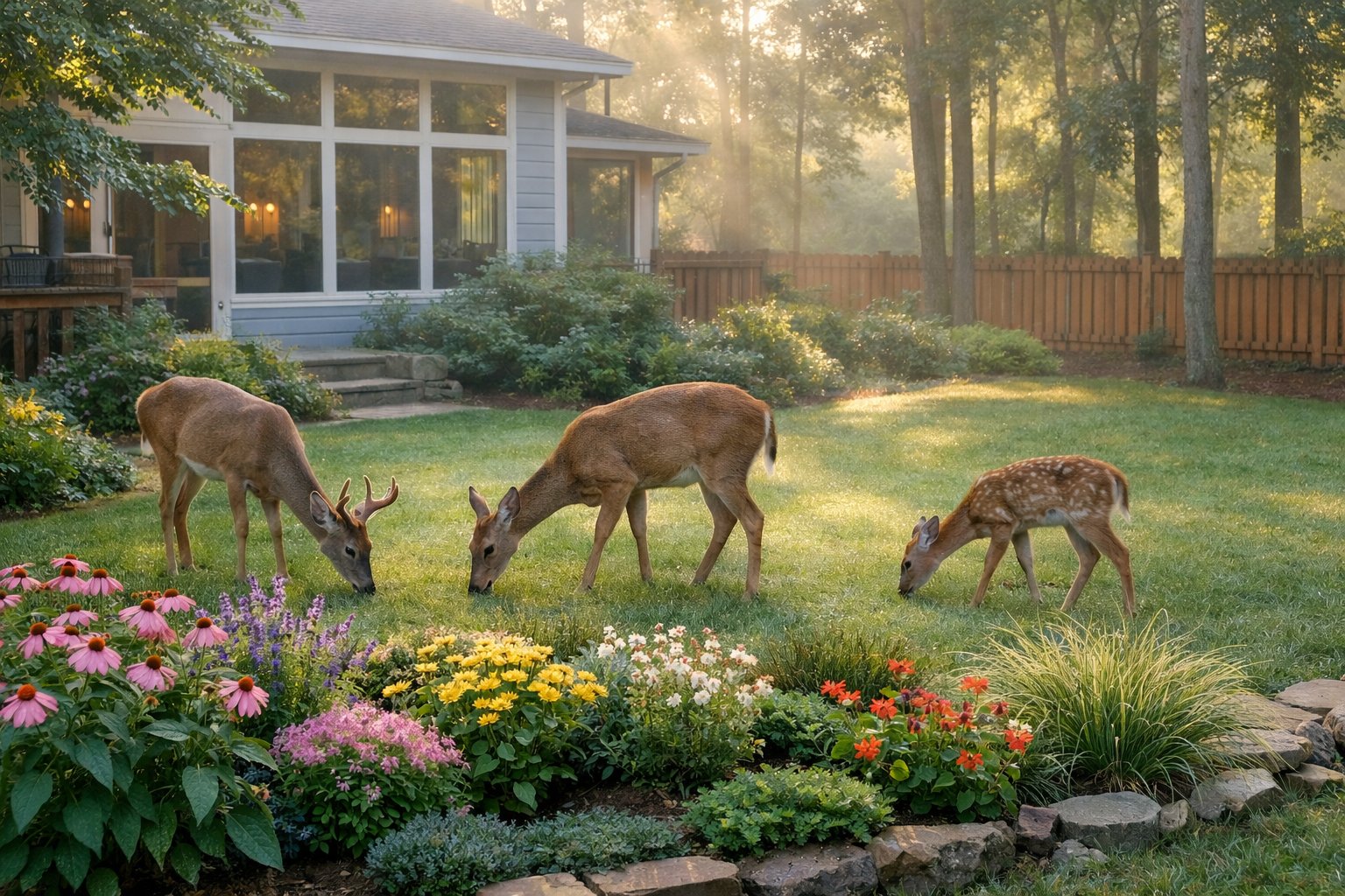 Three deer grazing peacefully in a suburban backyard near a house surrounded by trees and plants.