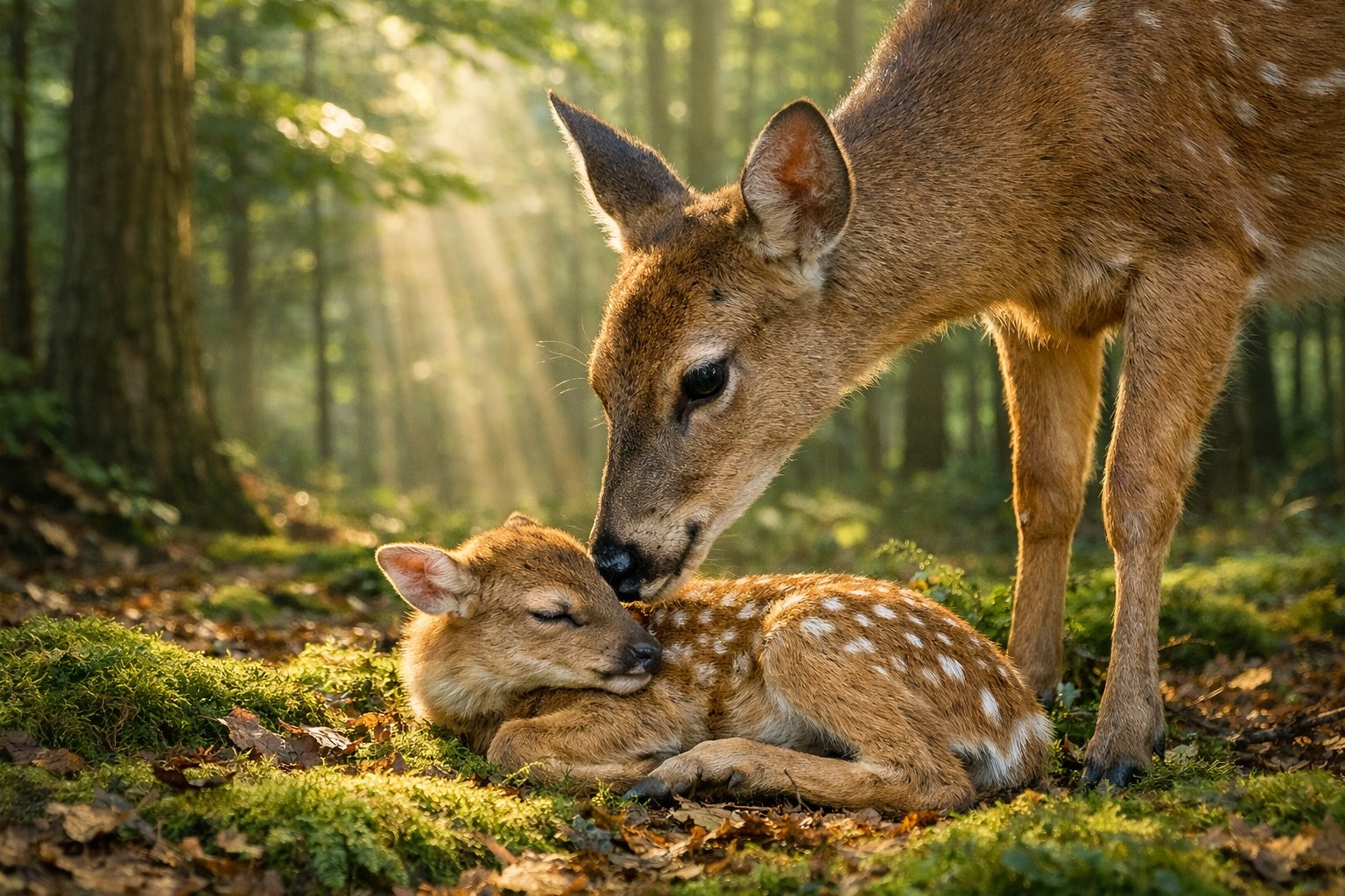 A mother deer gently nuzzling her newborn fawn in a peaceful forest setting.