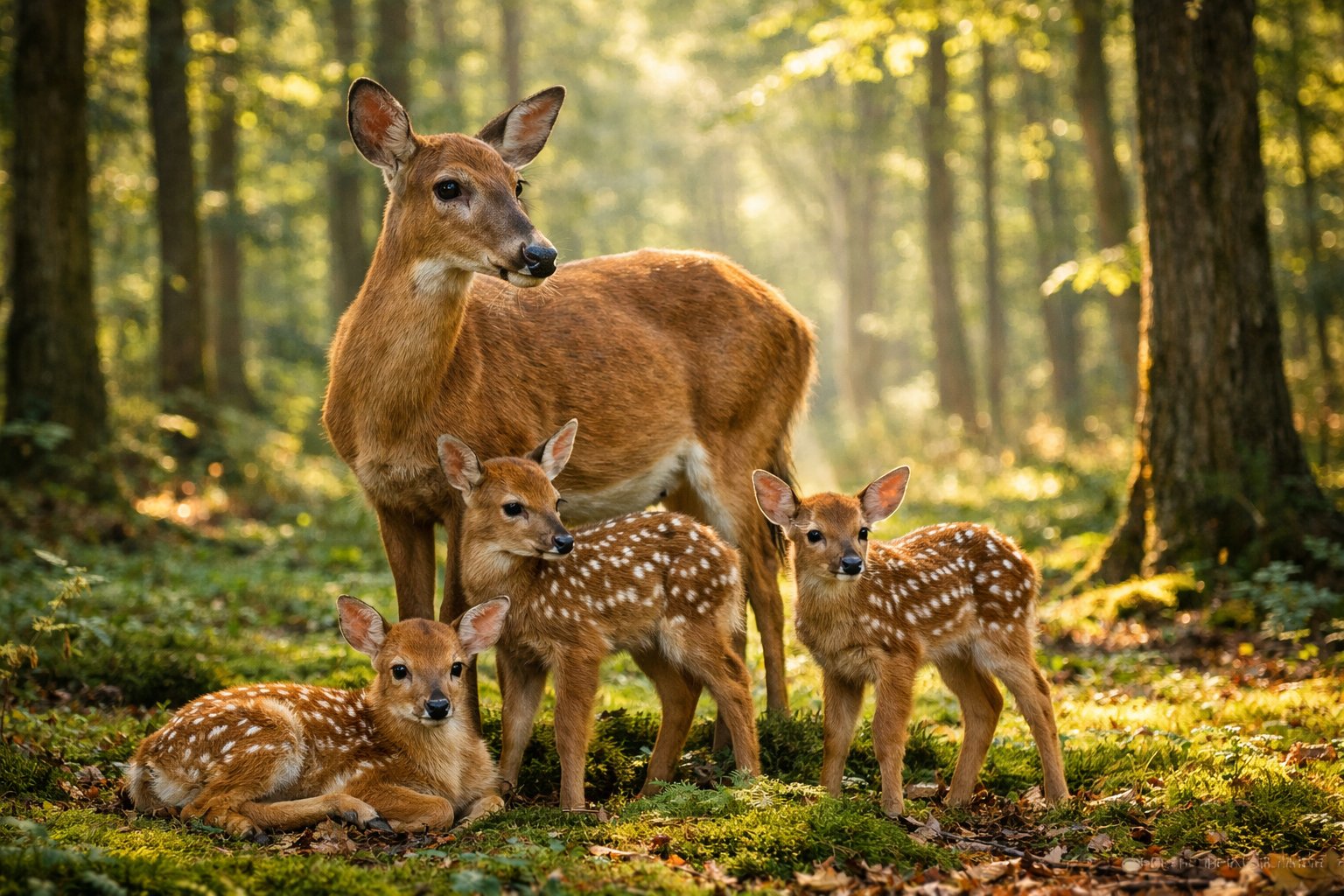A mother deer with two or three spotted fawn babies standing together in a forest clearing.