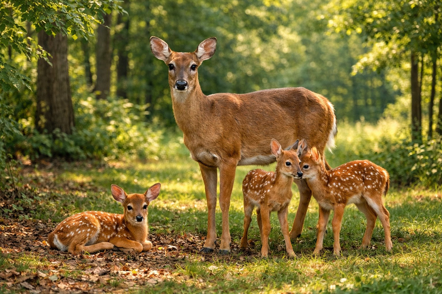 A mother deer standing in a forest clearing with two or three young fawns nearby.