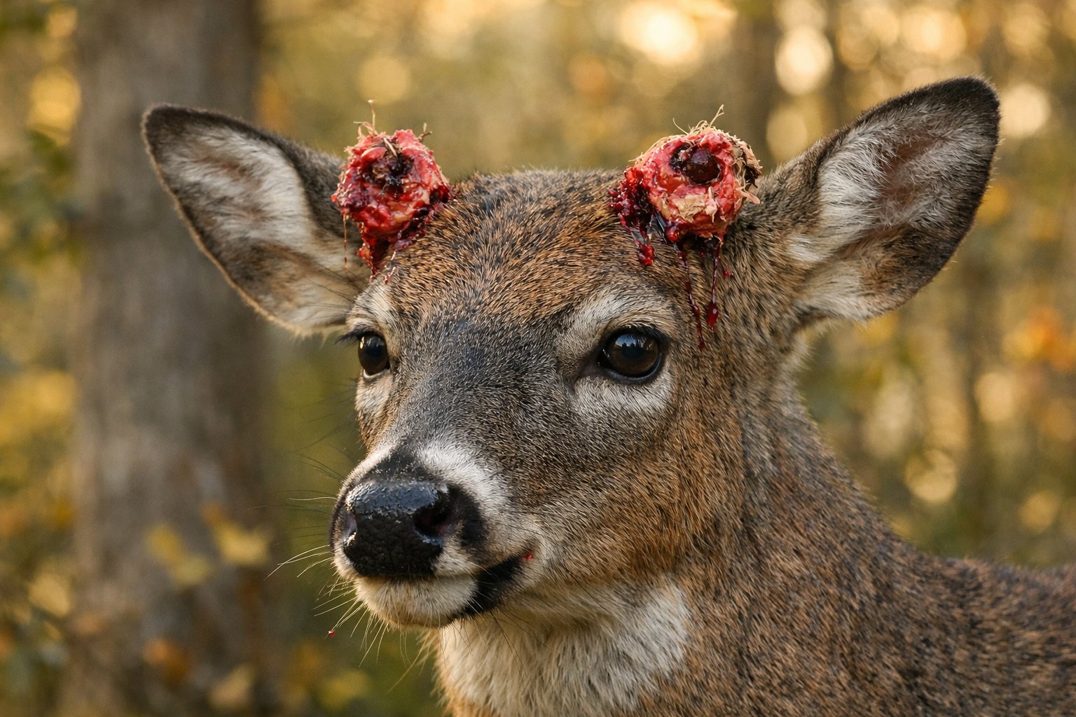 A male deer in a forest shedding its antlers with small spots of blood visible at the base.