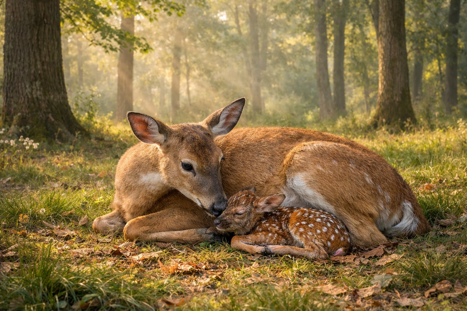 A female deer lying down in a forest clearing with a newborn fawn resting beside her.