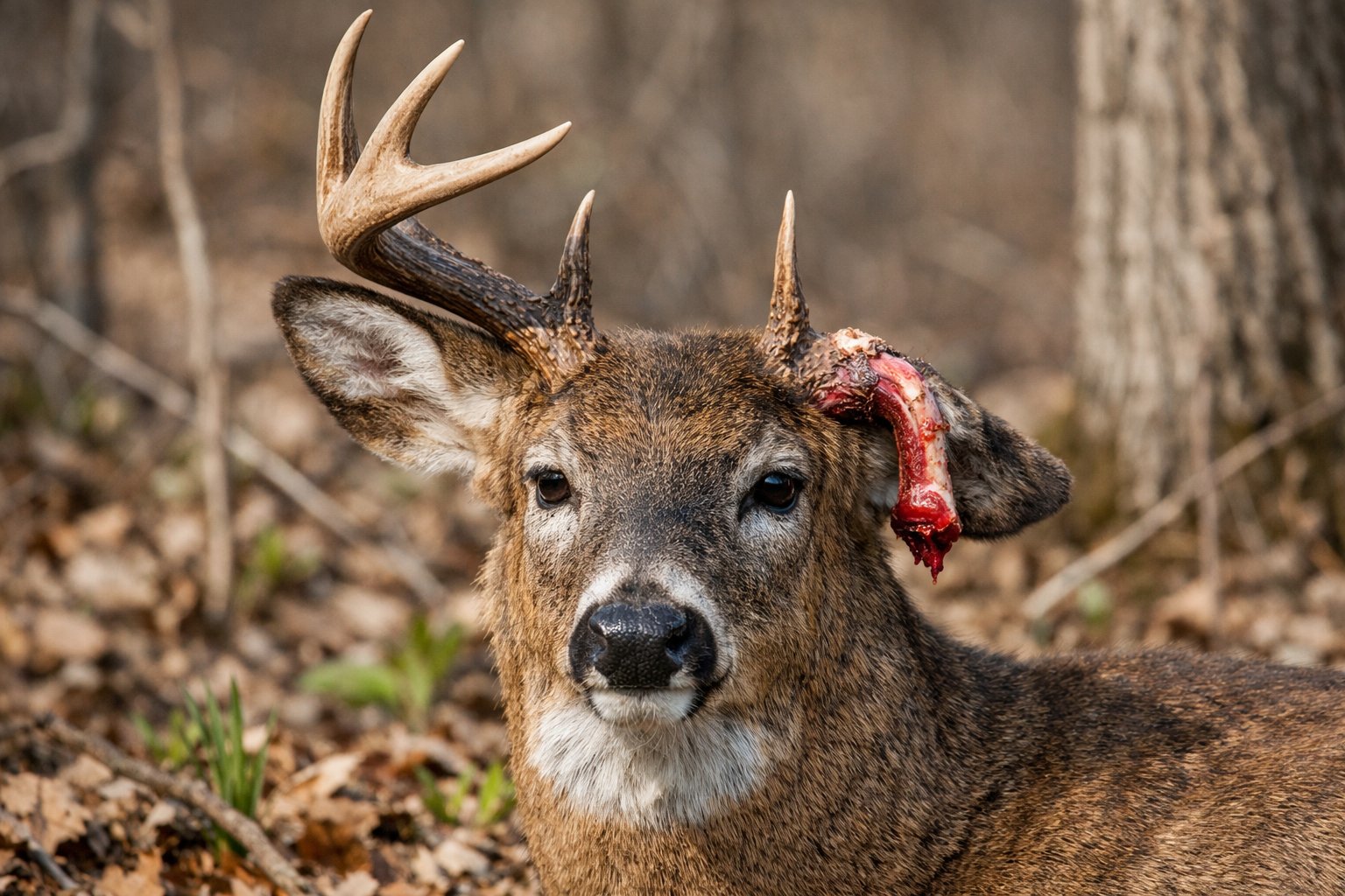 A male deer in a forest with one antler partially shed, showing natural tissue at the base during the antler shedding phase.