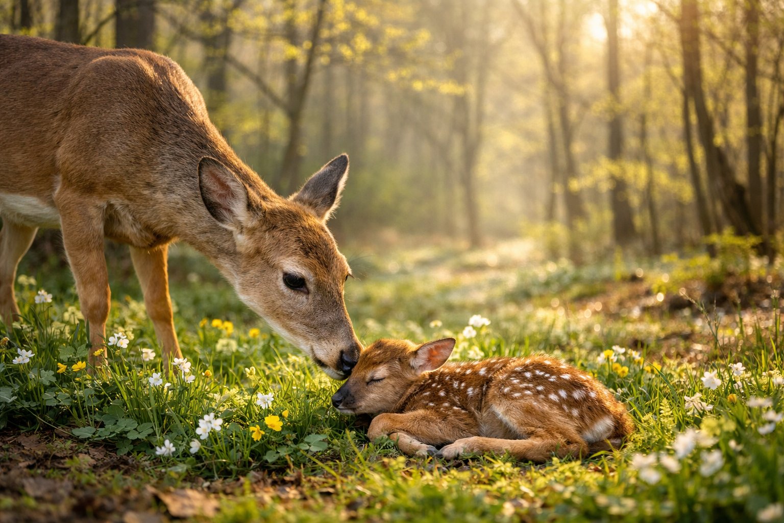A mother deer with her newborn fawn resting on grass in a forest during early spring.