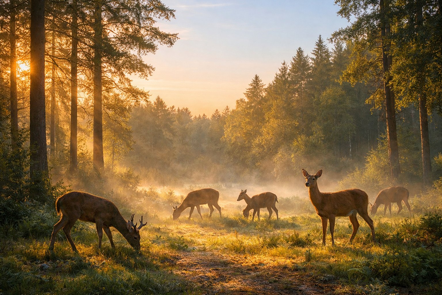 A group of deer grazing peacefully in a forest clearing at dawn with soft sunlight and mist.