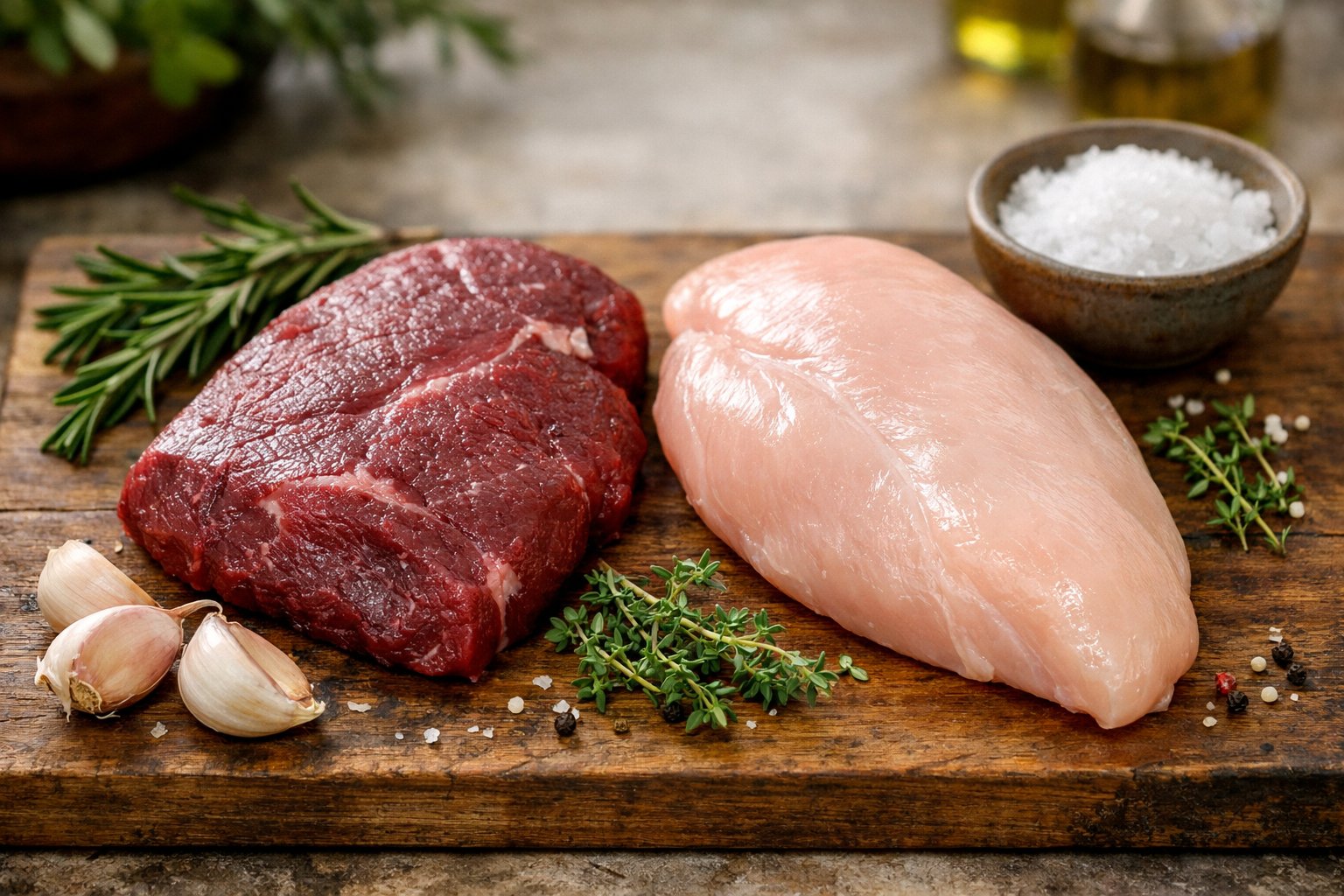 Raw venison steak and chicken breast placed side by side on a wooden cutting board with fresh herbs and garlic around them.
